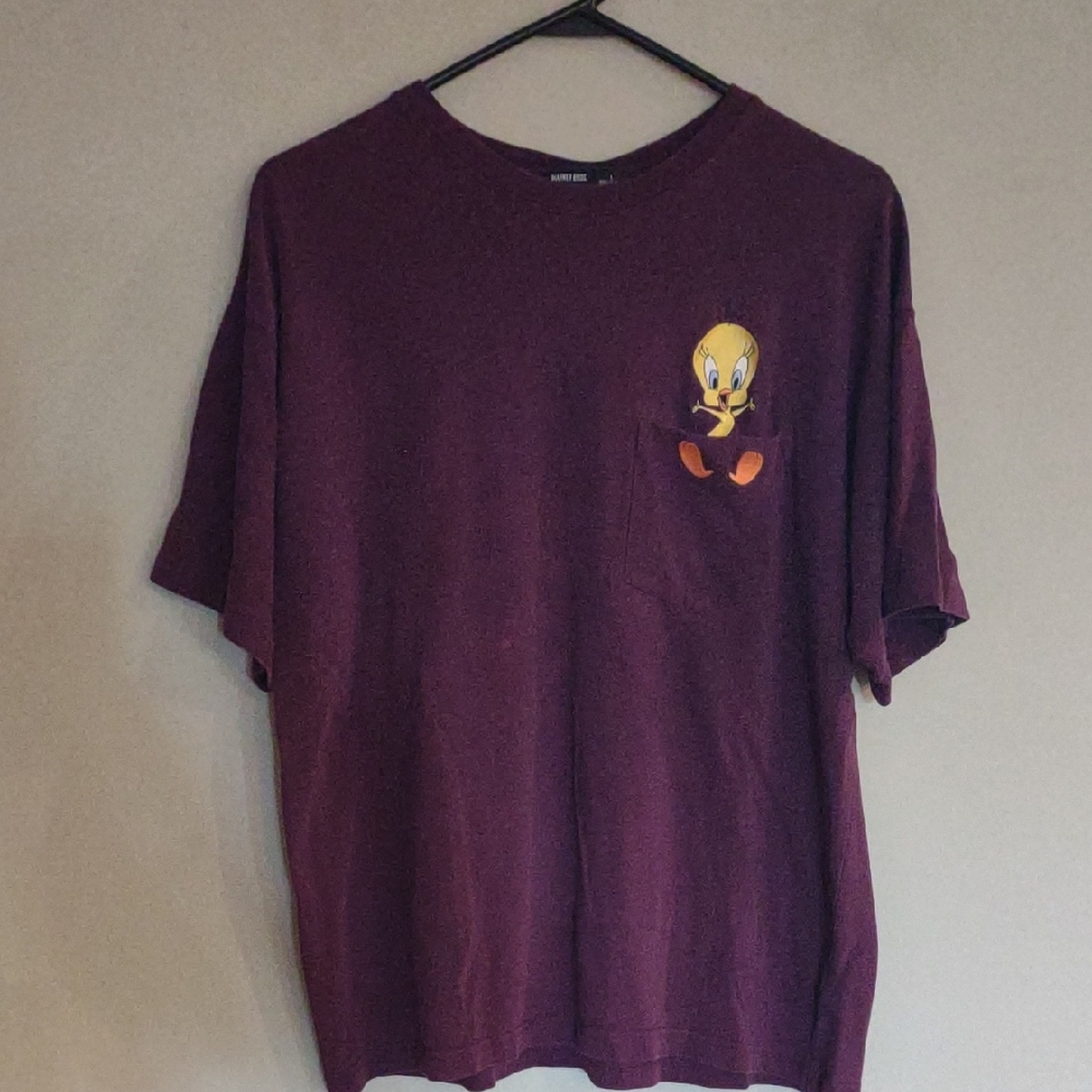 Warner Bros.Mens Large Tweetie Bird Embroidered Deep Purple Short Sleeve T-Shirt